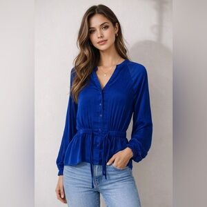 Calligraphie Blue Sheer Button Front Blouse Small Elastic Waist Long Sleeve